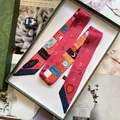 Pink patchwork long silk twilly scarf with vintage ticket print in a green gift box - Extended Version / Red