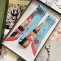 Sky blue long narrow twilly silk scarf with vintage ticket print in a green gift box - Extended Version / Blue