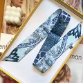 Macro view of blue patterned narrow silk scarf displayed in elegant gift box - Light Blue