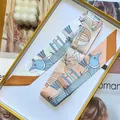 Detail of blue bird and geometric silk scarf twilly in a stylish fashion gift box - 90x5cm / Yellow (S919)