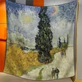 Quadratisches Halstuch im Van-Gogh-Stil in Dunkelblau mit handrollierten Kanten - Landstraße mit Zypresse und Stern (15)