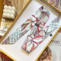 Floral print twilly silk scarf with bird pattern in a premium gift display box - Light Green