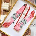 Pink and red floral long skinny scarf for handbags and hair ties in a gift box - 5x90cm / Pink (S599)