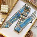 Elegant geometric silk-like polyester twilly scarf with blue bottle print in gift box - Sky Blue