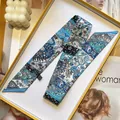 Floral print skinny silk scarf in navy and blue vintage patterns with luxury gift box - S1856-2 / 5*90cm