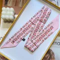 Pink floral French twilly scarf with elegant flower pattern for hair and bags - Pink
