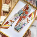 French style twilly silk scarf with orange Paris comic print in elegant yellow gift box - Orange