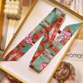 Elegant floral print silk-feel twilly scarf with belt patterns in a premium gift box - Vintage Teal Lily Style (S1825-1)
