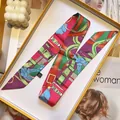 Elegant floral print twilly silk scarf with belt motif for handbag handles and hair - Magenta Purple Green Vintage Modern Style (S1825-4)