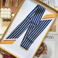 Minimalist striped silk twilly scarf in blue and yellow with elegant display box - Blue / 5x90cm