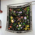 Detailed view of floral silk scarf featuring vibrant botanical prints and lovely text - 90x90 / Multicolor Flower Black
