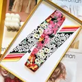 Faux silk twilly scarf set with pink peony floral patterns and rainbow stripes - Yellow