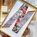Floral print twilly silk scarf with rainbow stripes in a premium white gift box - Blue