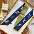 Elegant silk twilly scarf with horse print and yellow grid pattern in a gift box - Navy Blue