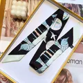 Elegant narrow silk scarf with bird and geometric print in a yellow gift box display - 90x5cm / Black (S968)