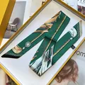 French style green twilly scarf with horsebit print in a luxury yellow gift box - Long Ribbon / Green