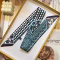 Elegant long skinny silk scarf with blue geometric floral prints in a luxury gift box - Navy Cyan Geometric (S1832-2)