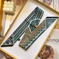 Elegant silk twilly scarf with vintage geometric patterns and floral motifs in a gift box - Gray Green Orange Patchwork (S1832-3)