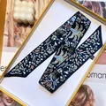 Deep blue skinny silk scarf with botanical prints in a premium gift box set - Navy Blue (S932)