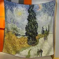 Detailopname van Van Gogh-print op een hoogwaardige zijden fluwelen vierkante sjaal voor dames - Weg met Cipres en Ster (15)