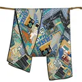 Detalle de un pañuelo de seda estampado en una rama con diseño de arquitectura moderna - Azul