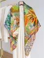 Close-up of lightweight georgette scarf featuring colorful tropical palm and geometric prints - Orange Green Jungle Collage (25)