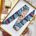 Fashionable silk twilly scarf with colorful geometric patterns and buckle print in a gift box - Blue