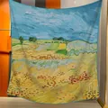 Van Gogh Landscape Oil Painting Scarf Square Shawl with Hand-Rolled Edges and Thick Texture - Van Gogh Wheatfield (27)