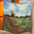Écharpe en cachemire style peinture à l'huile avec imprimé Monet coquelicots et bord rouge - Coquelicots Monet (37)