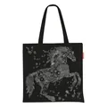 Nahaufnahme des floralen Pferdeprints auf schwarzer Satin-Tote-Bag mit orangefarbenem Label - 40*40cm / Schwarz