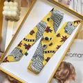 Yellow leopard and floral print narrow silk twilly scarf in an elegant gift box - 95x5cm / Yellow Leopard (S1835-1)