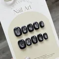 Unghie finte fatte a mano occhio di gatto nero con glitter argento scintillanti - Grande (L) / Occhio di Gatto Smaltato