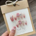 Pink gradient press-on nails with 3D bows, rhinestones and classic plaid patterns - L / 761 Pink Plaid Long Coffin