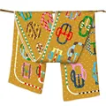 Detail of mustard yellow silk scarf with white dots and colorful equestrian horse buckle print - 150cm*40cm / Mustard Polka Dot Equestrian