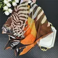 Elegant patchwork silk scarf featuring orange maple leaves and zebra patterns - 130x130cm / Color 3 (Brown Orange Zebra)