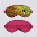 Detail of Monet silk eye mask showing Claude Monet Poppy Field print and pink satin texture - Red Poppy