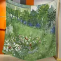 Franse stijl Van Gogh olieverfschilderij sjaal met groene rand en bloemenprint - Tuinlandschap (04)