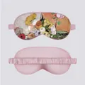 Detail view of pink silk eye mask featuring artistic Van Gogh style floral oil painting prints - Rose and Anemone