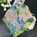 Artistic printed silk scarf with blue horse and tropical plants in vibrant colors - Green / Standard