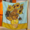 Artistic Van Gogh Sunflower print silk velvet scarf with handcrafted rolled edges - 130cmx130cm / Sunflowers Oil Painting Print (S1892)