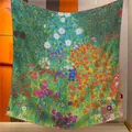 Bufanda de cachemira de lujo con diseño floral de Gustav Klimt y bordes naranjas - 130cmx130cm / Estampado de Arte Jardín Klimt (S1909)