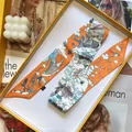 Elegant orange printed silk scarf twilly with modern art illustrations for hair and bags - S975 / Orange