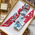 Elegant red silk twilly scarf with cartoon illustrations in a yellow gift box - S975 / Rose Red