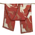 Red satin silk scarf with artistic nine deer pattern draped on a wooden branch - Mythical Deer Print Style (S1603) / Long Strip