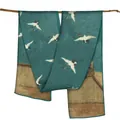 Deep teal silk shawl with flying crane patterns and traditional Chinese architecture motifs - 150x40 / Deep Cyan (S1601)