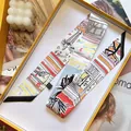 Pink trendy skinny silk scarf with artistic illustration pattern in premium yellow gift box - Black