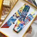 Green 100% silk twilly scarf with cartoon dalmatian print in an elegant gift box - Yellow(S1090)