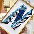 Elegant long silk twilly scarf with blue floral patterns in a luxury display box - Blue (S723)