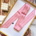 Pink narrow silk scarf with black stripes and white triangles in elegant yellow gift box - Geometric Lines Triangle (S604) / Pink