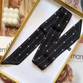 Elegant black long twilly scarf with white geometric patterns in a yellow gift box - Geometric Lines Triangle (S604) / Black